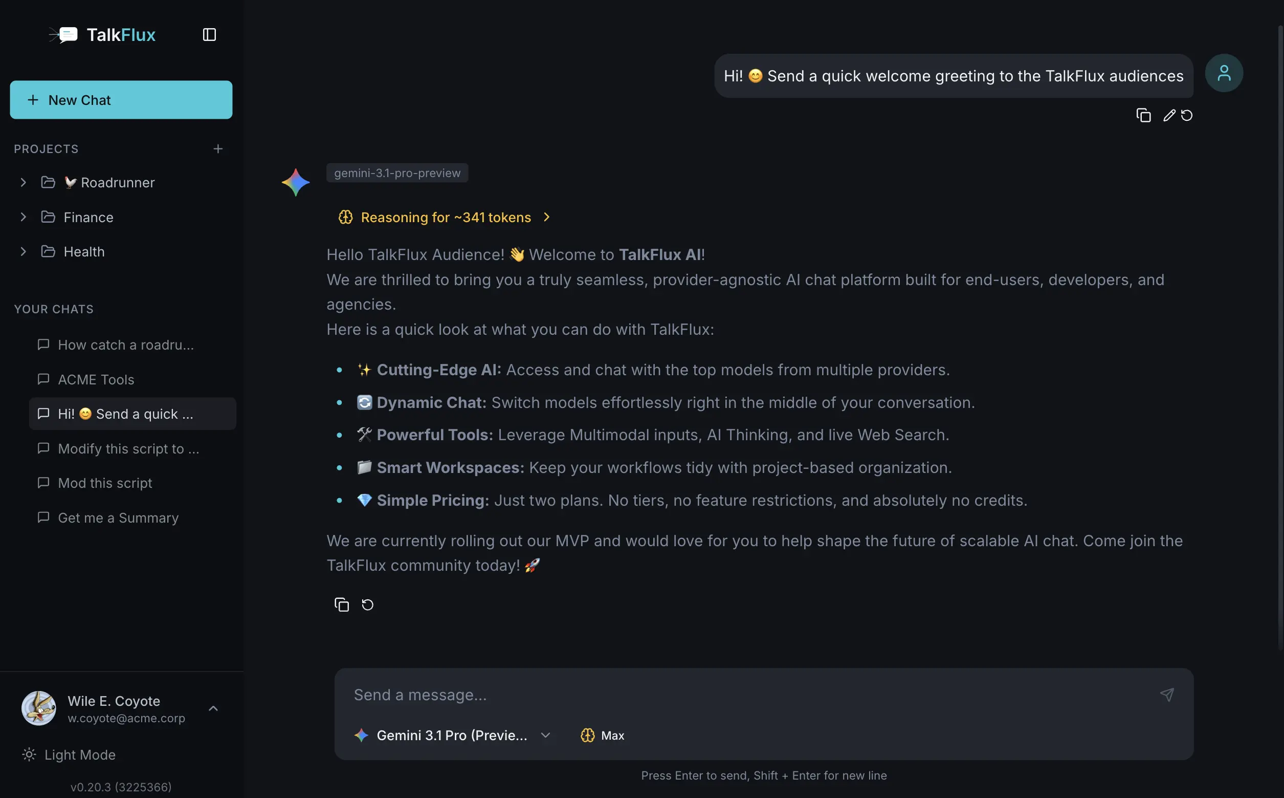TalkFlux AI chat interface showing GPT and Claude model selector