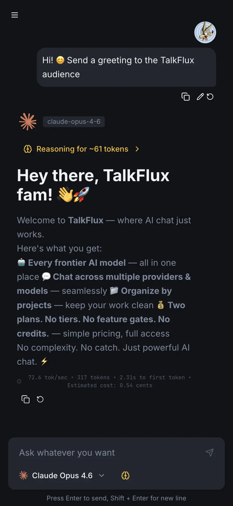 TalkFlux AI mobile chat interface with full model access