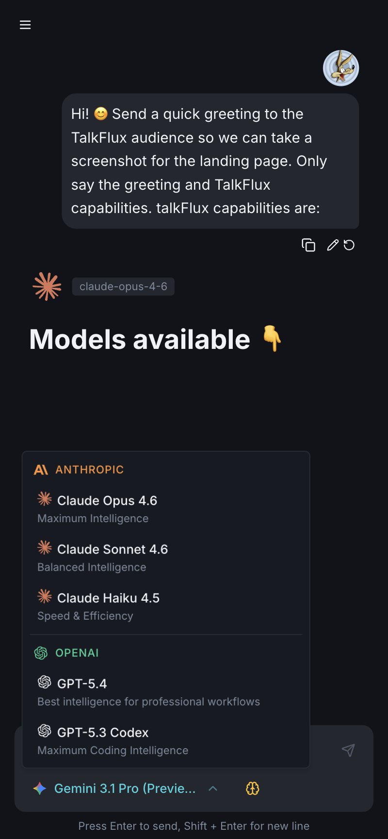 TalkFlux AI model selector showing 15+ models with per-message pricing