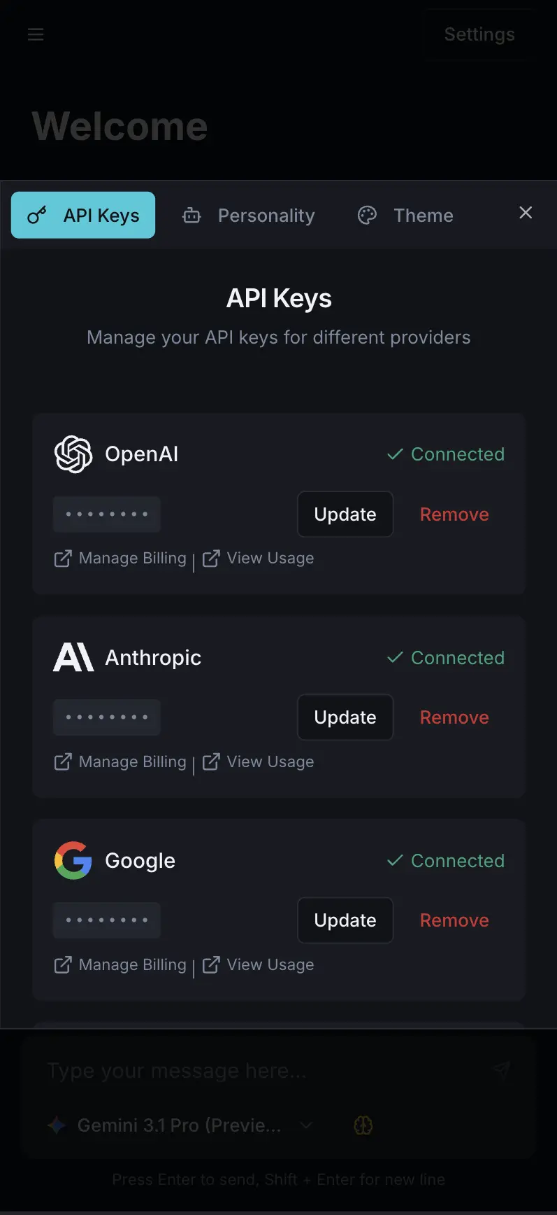 TalkFlux AI API key settings showing connected OpenAI and Anthropic providers